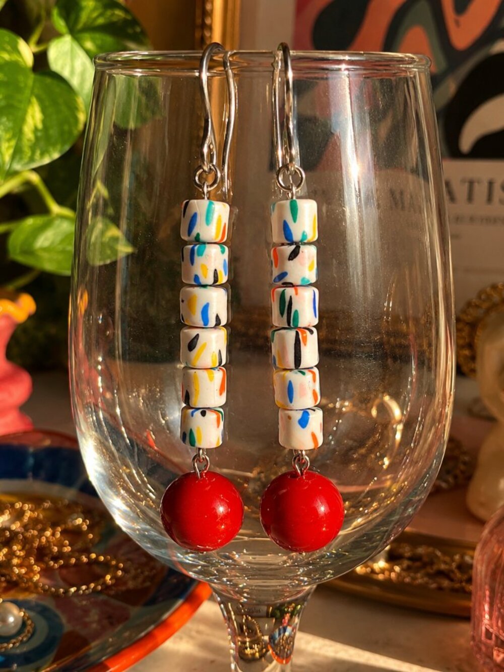 Colorful Statement Dangle Earrings – Handmade Polymer Clay & Red Coral Earrings